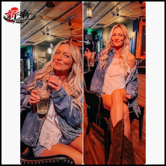 Oversized Denim Jacket with Fringe Detailing, Button Down, Drop Shoulder - Picture 5 of 7